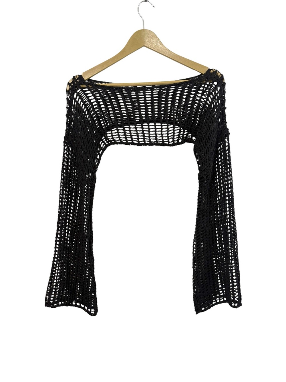 Black Crochet Open Knit Bell‎ Sleeve Beach Cover Up Crop Top Whimsigoth Fairy